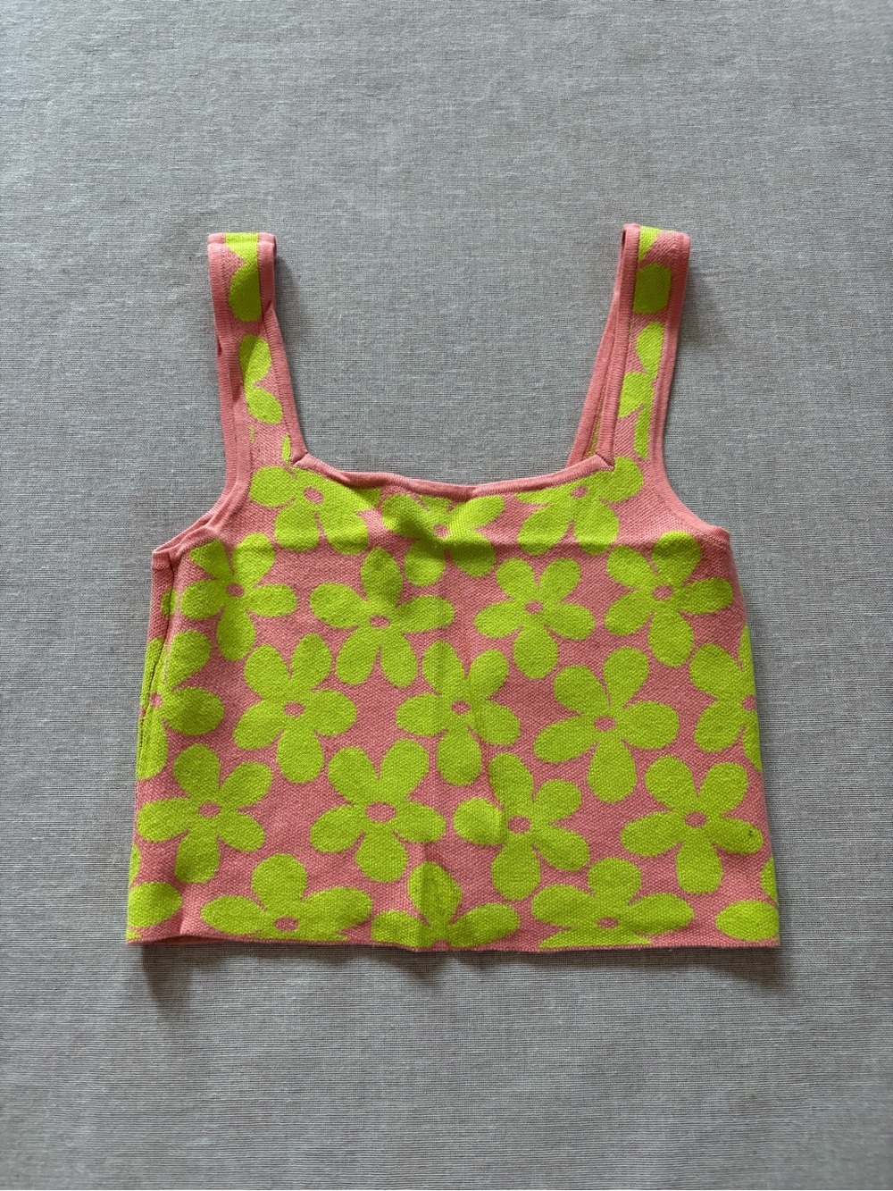 Amisu Knitwear pink & green flower power crop top.
